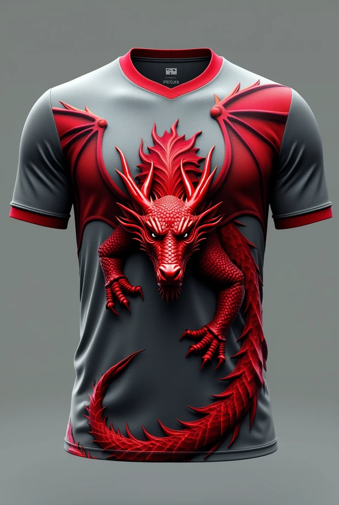 Brazilian football uniform front, no player,with the color gray, and a giant red dragon with red scales
