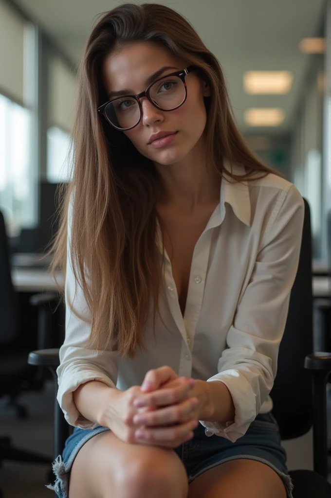 37 year old girl, with long brown straight hair, With glasses, on my knees in the office, sucking her coworker&#39;s penis, and enjoying 