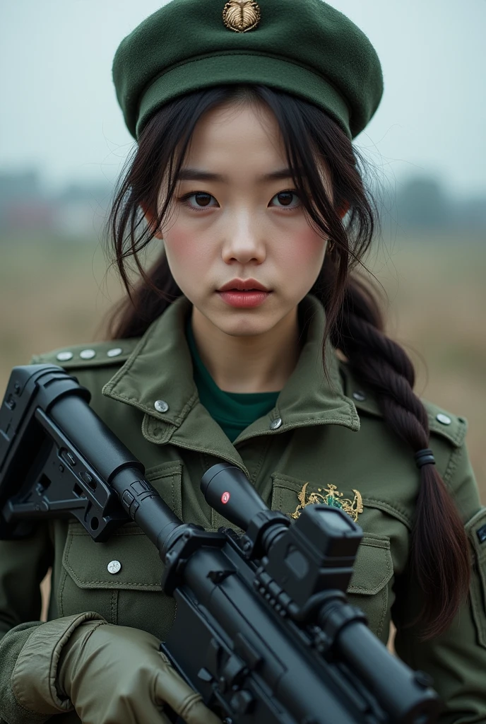 Asian woman in tank top holding gun, Beautiful Female Soldier, beautiful south korean woman, Military Girl, Silent from solid metal gear, Military Girl, With a rifle., Perfect military peace, ning yizhuo, closeup portrait shot, Silence from solid metal gear V, Automotive Military Girl, Infantry Girl, korean girl, Korean women, with north korea, front view