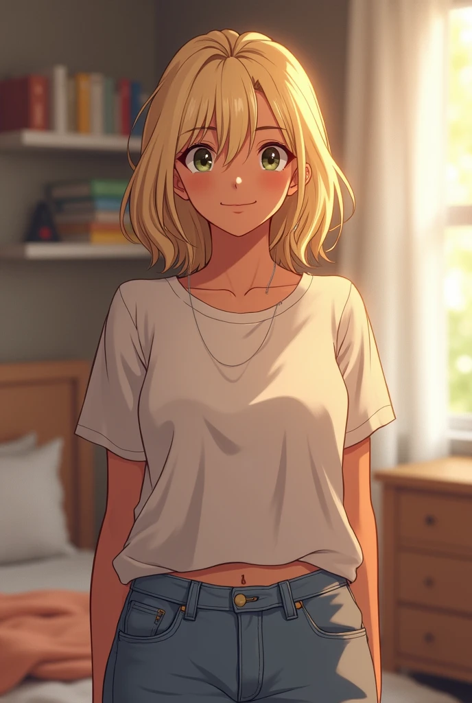 anime style image of a 35 year old mature girl, that she is dressed in comfortable clothes, light blonde hair, dark-skinned person who is in his room