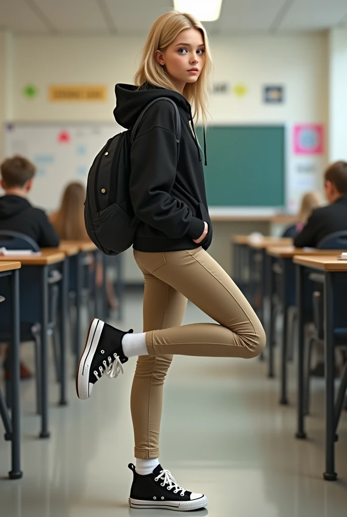 Realistic high school white girl, blonde hair, blue eyes, tight khaki pants, black high top converse shoes, black hoodie, white socks, one leg kicking in the air towards the camera, classroom background, full body, backside, butt.