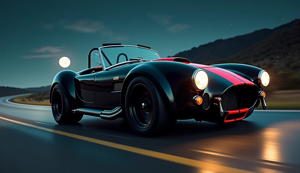 A cinematic wide-angle side view shot captures a gleaming 1966 glossy black with red race strip down the center Black side pipes out of the center of the hood is a street strip blower Shelby Cobra 427 Super Snake headlight beams piercing the darkness as it speeds down the road at night, stars and moon bold in the dark of night, every detail - from the gleaming wheels to the sculpted fenders - a testament to masterful realism., Hyperrealism, high detail, cinematic lighting, motion blur, motion lines, speed lines, retina, masterpiece, accurate, anatomically correct, textured skin, super detail, high quality, award winning, highres, 4K, 8k, 16k