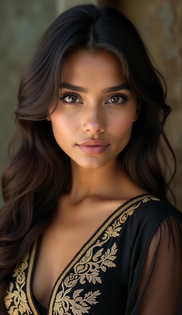 (((ultra realistic))) Photo, masterpiece, top quality, (pale skin), (Ultra detailed face and eyes:1.3), Indian 1 girl, in a beautiful black(goldon embroidery)dress, (Eye makeup, mascara) , Beautiful ,23 years young Indian girl healthy,indian girl with brown skin, cheerful smile looking,8k,realistic, raw photo,dark brown hair,fair skin, indian,long hair,clear facial features,, very detailed, 23years old, innocent face, natural wavy hair, high resolution, masterpiece, best quality, intricate details, highly detailed, sharp focus, detailed skin, realistic skin texture, texture, detailed eyes, professional, 4k, charming smile, shot on Canon, 85mm, shallow depth of field, kodak vision color, perfect fit body, extremely detailed, foto_\(ultra\), photorealistic, realistic, post-processing, maximum detail, roughness, real life, ultra realistic, photorealism, photography, 8k uhd, photography 