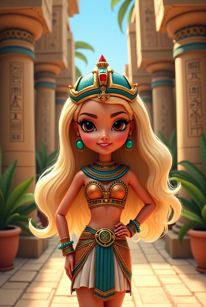 Egyptian Barbie cartoon with blonde hair and dark brown eyes