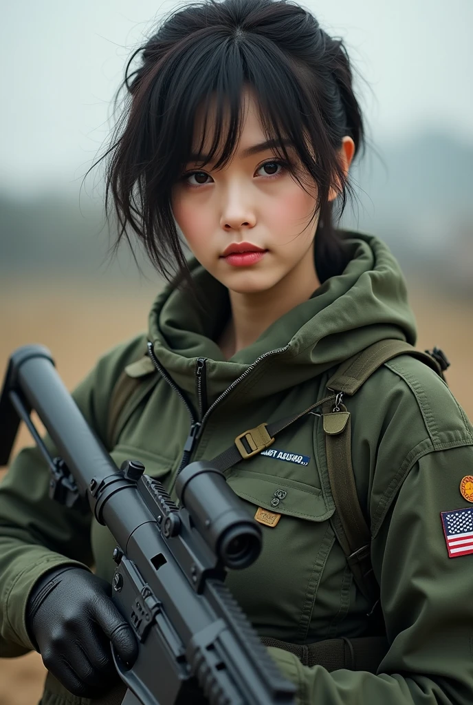 Asian woman in tank top holding gun, Beautiful Female Soldier, beautiful south korean woman, Military Girl, Silent from solid metal gear, Military Girl, With a rifle., Perfect military peace, ning yizhuo, closeup portrait shot, Silence from solid metal gear V, Automotive Military Girl, Infantry Girl, korean girl, Korean women, with north korea flag, front view, short cute hair