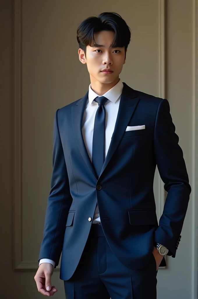 Create Moonbin wearing a formal blue suit, for your wedding