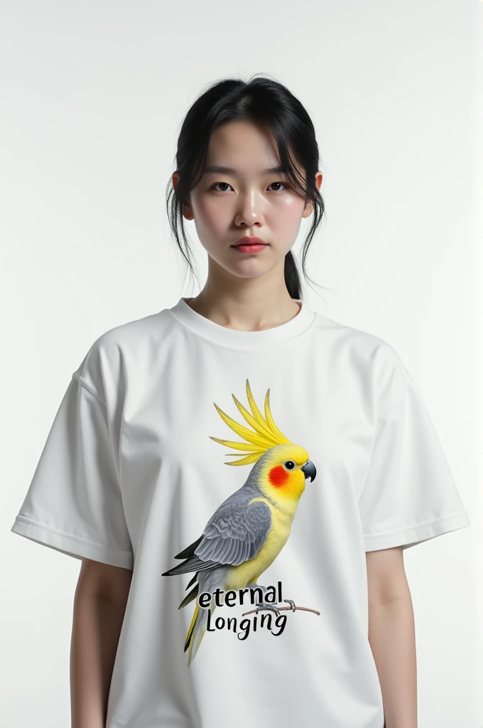 A person wearing a white shirt with a picture of a cockatiel and the phrase eternal longing