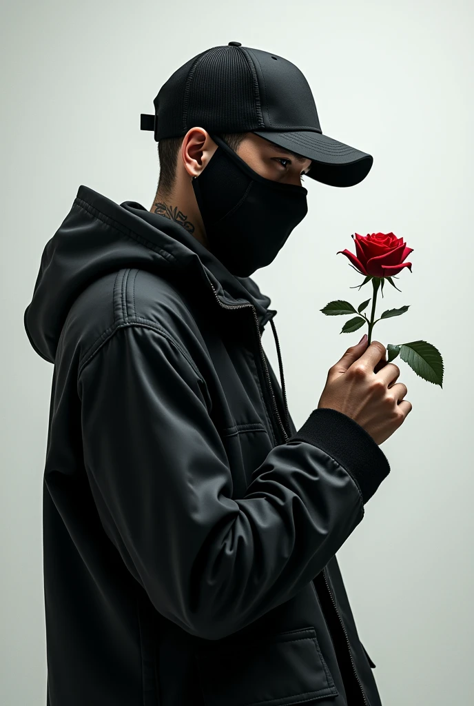 A music cover featuring a white man standing to the side dressed in trapstar style with a cap and beanie and a mask covering part of his face holding a rose and looking at it
