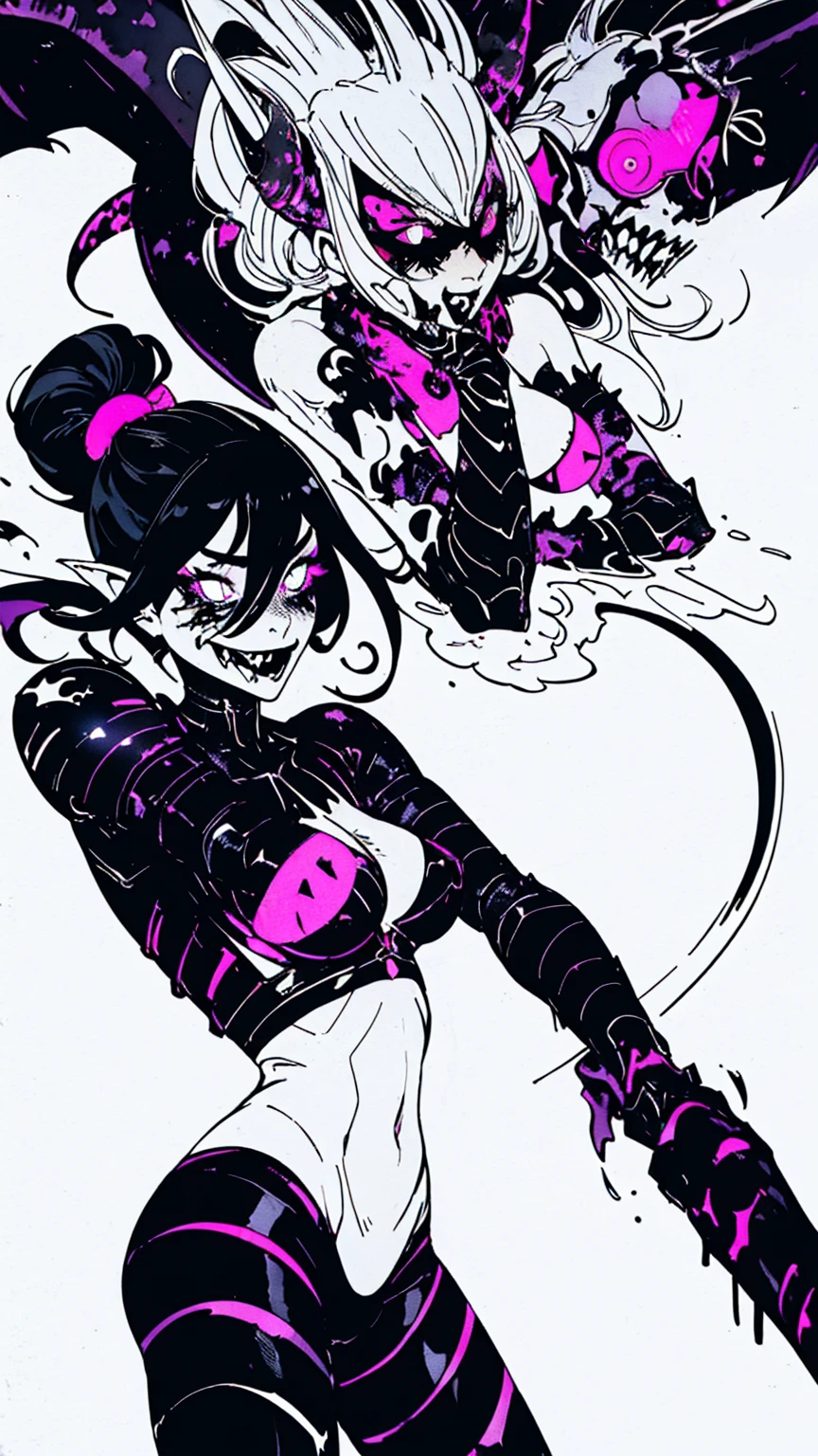 (Blacklit Glowing :1.4), Juicy Breasts, NSFW, Black and White Striped Leggings, , Glowing, Colorful, , Succubus chopping demons, Succubus killing demons, +,Faded watercolor++, Beautiful succubus with bone armor ++, , impact frame+, action lines++, succubus with bone armor++, ultimate form+, , succubus killing demons+++, Faded watercolor++,Grayscale-, Black and white lineart-, epic fight++,cool character design+++,Faded watercolor,scary demons, devils , monsters, surreal horror, Lovecraftian monsters, ((white background, blank background )):1