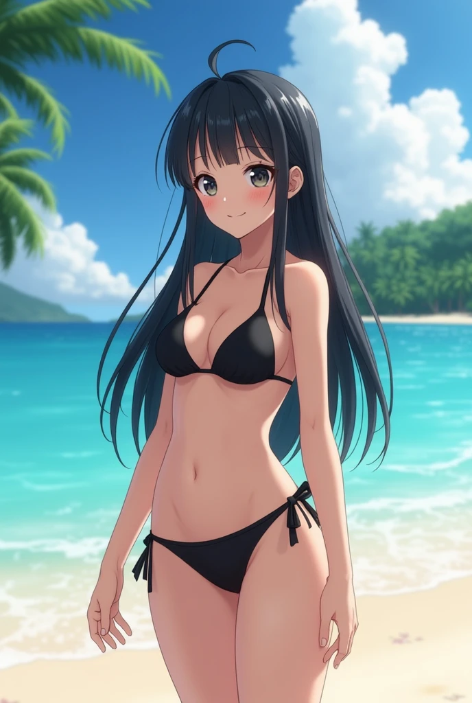 Japanese adolescent, female, long black hair, brightly smiling, wearing black bikini, standing on tropical beach, bright daylight, photorealistic, extreme detail, wallpaper, 8k