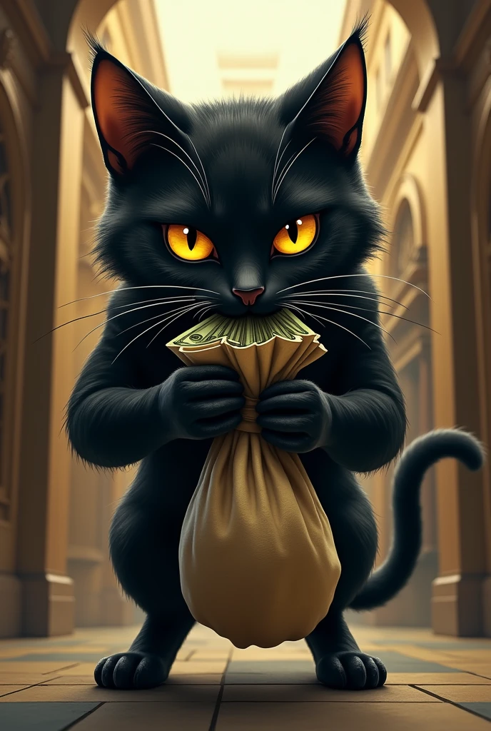 Black cat entrain de faire un braquage dans une banque avec un sac de billet