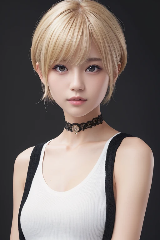 (Highest quality、4K、8k、High resolution、masterpiece:1.2)、Very detailed、(Genuine、Realistic、Realistic:1.3)、Japanese、high school girl、blonde、Pixie Cut、Sleeveless shirt、Black choker、Full body photo