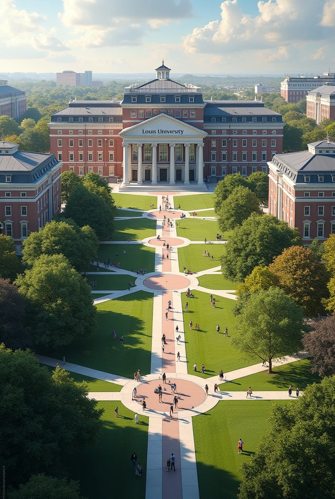 A prestigious university with classic and modern building design. Please put LOUIS UNIVERSITY on the wall as its label.