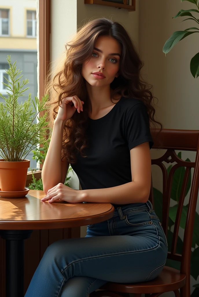 (photorealism:1.2), beautiful woman, sitting in a cafe, wearing black tshirt and jeans, long curly hair, indoors, soft lighting, plants in background, window with sunlight, cozy cafe table, relaxed pose, realistic, intricate details, warm colors, by Greg Rutkowski, by Alphonse Mucha