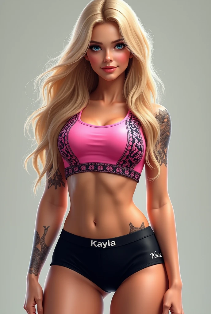 (photorealism:1.2)
Generate a photorealistic portrait of an extremely beautiful woman with blonde hair and natural blue eyes. She should have a curvy figure and wear a pink top with intricate black designs. Her hair should ould frame her face perfectly, and her expression should be confident yet approachable. Ensure the details are sharp and vivid.
Create an image of a stunningly beautiful woman with blonde hair and natural blue eyes, dressed in wrestling attire. She wears a pink top adorned with black designs and black boy shorts that have the name 'Kayla' written on them. Her physique is curvy but not overly muscular. The image should be highly detailed and capture her strong, confident stance.
((Back turn)), she has a nice round and plump booty