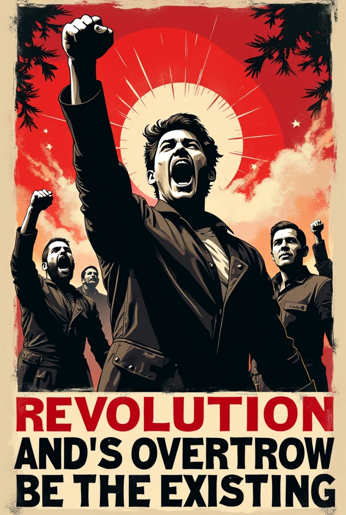 **Poster for revolution**:
- **Colours**: bright red, Black & White.
- **image**: The central image is of a dynamic figure of a revolutionary leader or a powerful symbol (For example, flame, ear, flag). The figure is depicted in an active pose..
- **text**: large, bold. Appeal slogans, such as "Freedom or death", "Workers of all countries, unite!", "Our time has come!". text выделен на фоне он на русскомязыке.
- **Decorative elements**: Additional graphic elements, such as звезды, stripes or geometric shapes, enhancing dynamism.
- **composition**: Central placement of key elements, text and images are concentrated in the center, the background is used to enhance the overall impression.
- **Emotional stress**: Convey a sense of urgency and need for action, inspire and mobilize.
