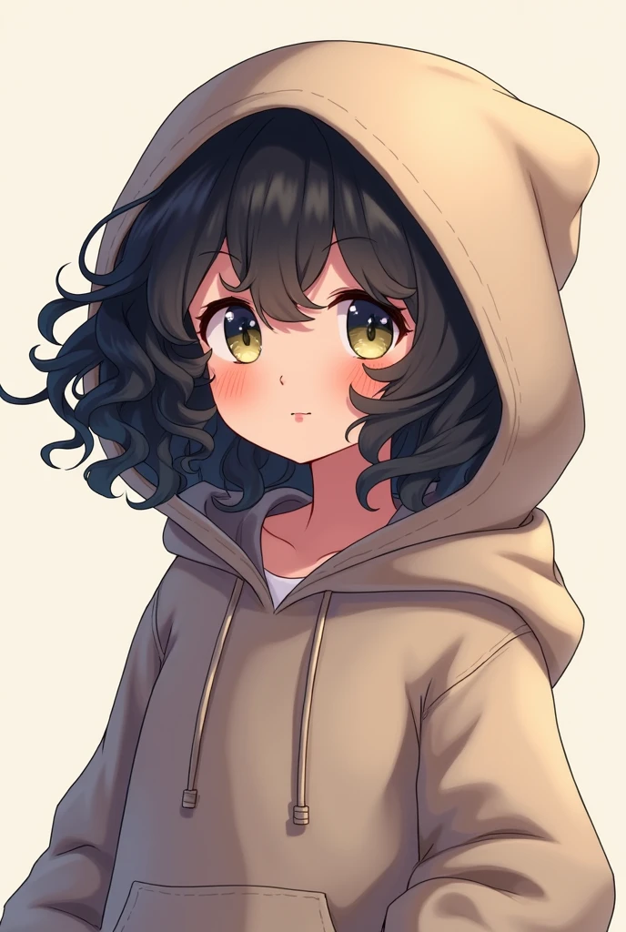 He looks like an anime character with a hoodie but his hair is visible, he has curly hair