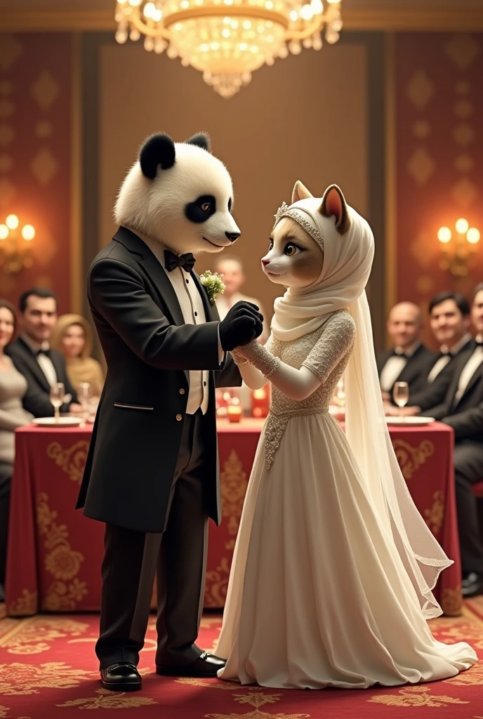 Now there is a Zeybek dance in Turkey. I want you to draw a male panda with a groom&#39;s suit and a female cat with a white wedding dress playing this game.. The female cat must be so cute, must be shorter than a panda, Wear a hijab and cover your head . So, let there be a turban on your head . The venue is a wedding hall, but such an elite wedding hall..  This couple should be at the wedding table and have witnesses.. And of course, there will be a wedding officiant too. 