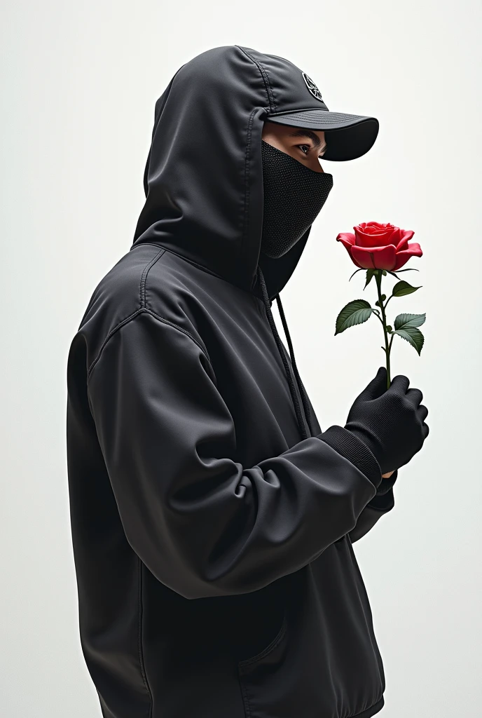 A music cover featuring a white man standing sideways dressed in trapstar style with a hooded cap and a mask covering part of his face holding a rose and looking at it