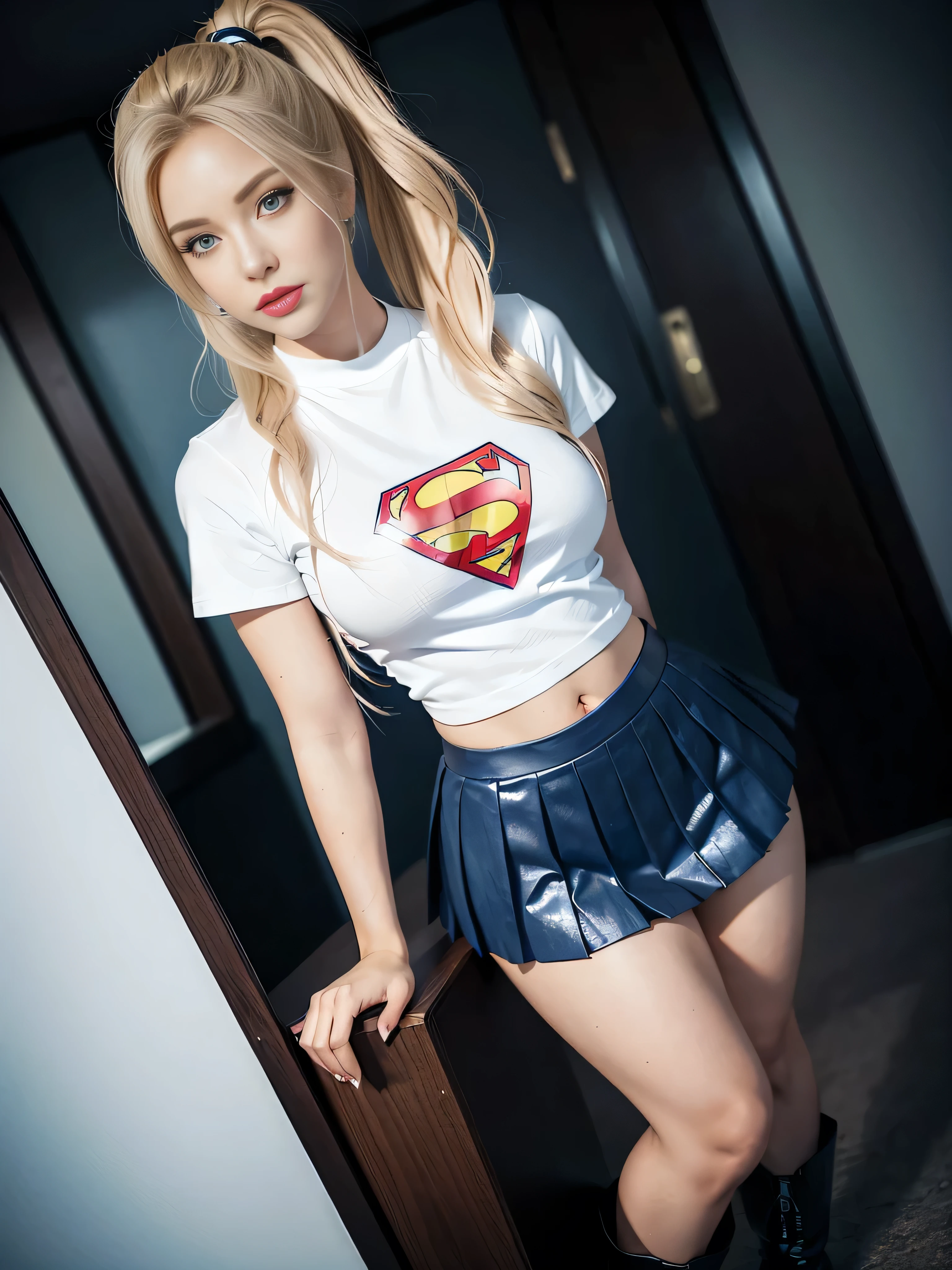 4K, realistic, charismatic, Very detailed, there is a girl in the sky, dressed in a super girl costume, she is a super girl, superhero theme, long hair blonde, 20s, full body, (detail on the eyes), (detail on face), incredibly beautiful, blue eyes, blush, make up, red lipstick, mini skirt, (wide hips), (thick thighs), big breasts, big ass, dress, seductive pose, (extreme hourglass figure) , slim, slender, white skirt, boots, tight t-shirt