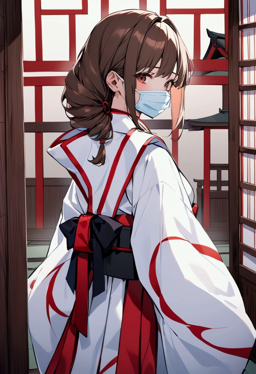 Traditional japanese room background, bloody, shrine maiden outfit, medical gloves, surgical mask, 1girl, brown hair, shining hair,
