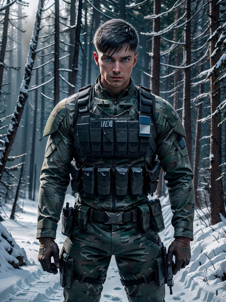 male soldier, British face, rude and angry expression, white skin, blue eyes, very short hair, wears military uniform, blue and gray camouflage uniform, bulletproof vest, headphones, communicator, cables, holds a rifle, black leather gloves, is outside a wild snowy Russian forest, night, dark night, low light, 4k, Ultra detailed image, realistic, Highly detailed, perfect composition, gorgeous, Intricately detailed, incredibly detailed, Art photography 8K, hyper detailed, Masterpiece, Ultra detailed, hyper realistic, 4k, Ultra detailed image, realistic, Highly detailed, perfect composition, beautiful, intricately detailed, incredibly detailed, art photography 8k, hyper detailed, masterpiece