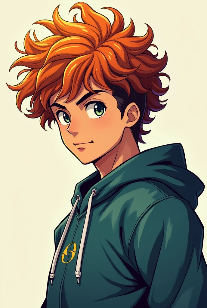 Cool curly haired fighter male who looks like an anime character with a hoodie but his hair is visible