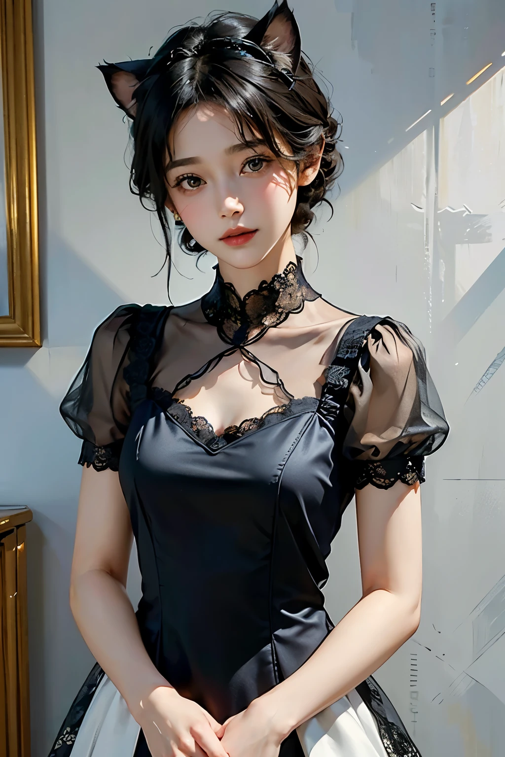 (Highest quality, masterpiece, High resolution)、4K Anime Art、(One Girl)、(whole body:1.4)、 (Detailed depiction of a cute face)、Black Hair、short hair、semi-long、Bobcut、Hair Bun、hair ornaments、(Cat ear)、(Lace dress:1.4)、See-through mini dress、Captivating smile、Small breasts、Cinematic Light、Soft Light、(indoor、dim、lamp)、(Simple Background)、((Blank Background))、