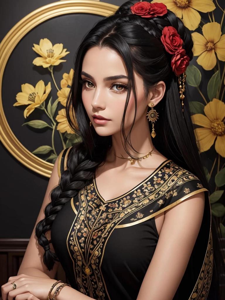 Magic Prompt
A captivating portrait of a young woman with dark hair styled in intricate braids, adorned with a bold nose ring and large earrings. She gracefully rests her chin on her hand, which features a striking ring. She is dressed in a chic black top, featuring an eye-catching floral pattern of vibrant red and yellow flowers, which perfectly complements her dark hair. Confidence and elegance radiate from her as she exudes a modern, sophisticated vibe. The tastefully decorated room with an artistic wall serves as a stunning backdrop, while a beautifully crafted fan adds a touch of class to the already enchanting scene.