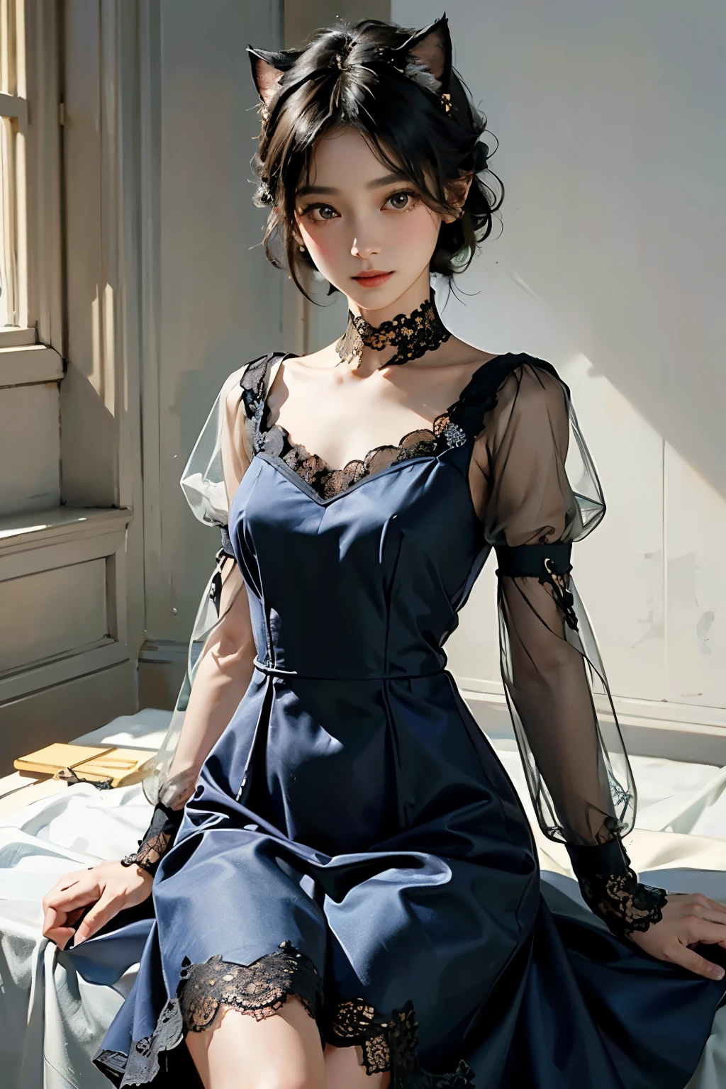 (Highest quality, masterpiece, High resolution)、4K Anime Art、(One Girl)、(whole body:1.4)、 (Detailed depiction of a cute face)、Black Hair、short hair、semi-long、Bobcut、Hair Bun、hair ornaments、(Cat ear)、(Lace dress:1.4)、See-through mini dress、Captivating smile、Small breasts、Cinematic Light、Soft Light、(indoor、dim、lamp)、(Simple Background)、((Blank Background))、