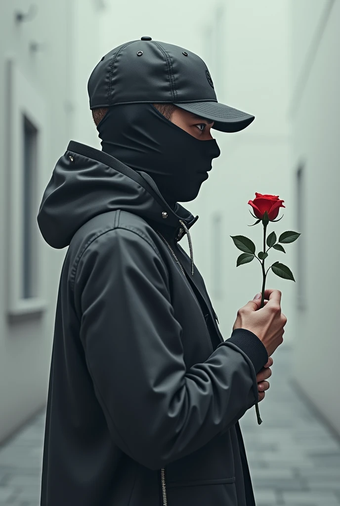 A music cover featuring a white man standing sideways dressed in trapstar style with a hooded cap and a mask covering part of his face holding a rose and looking at it 