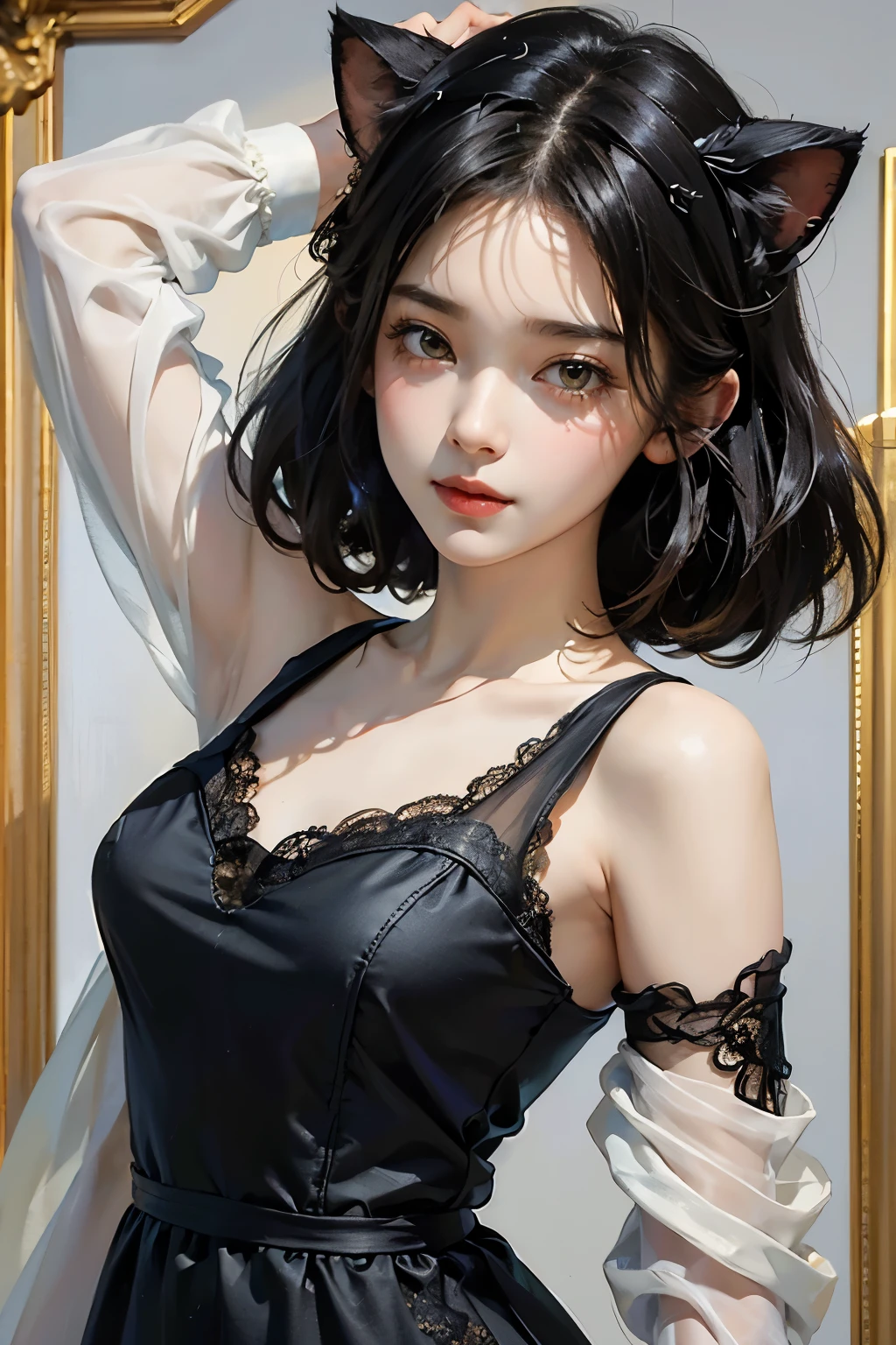 (Highest quality, masterpiece, High resolution)、4K Anime Art、(One Girl)、(whole body:1.4)、 (Detailed depiction of a cute face)、Black Hair、short hair、semi-long、Bobcut、Hair Bun、hair ornaments、(Cat ear)、(Lace dress:1.4)、See-through mini dress、Captivating smile、Small breasts、Cinematic Light、Soft Light、(indoor、dim、lamp)、(Simple Background)、((Blank Background))、