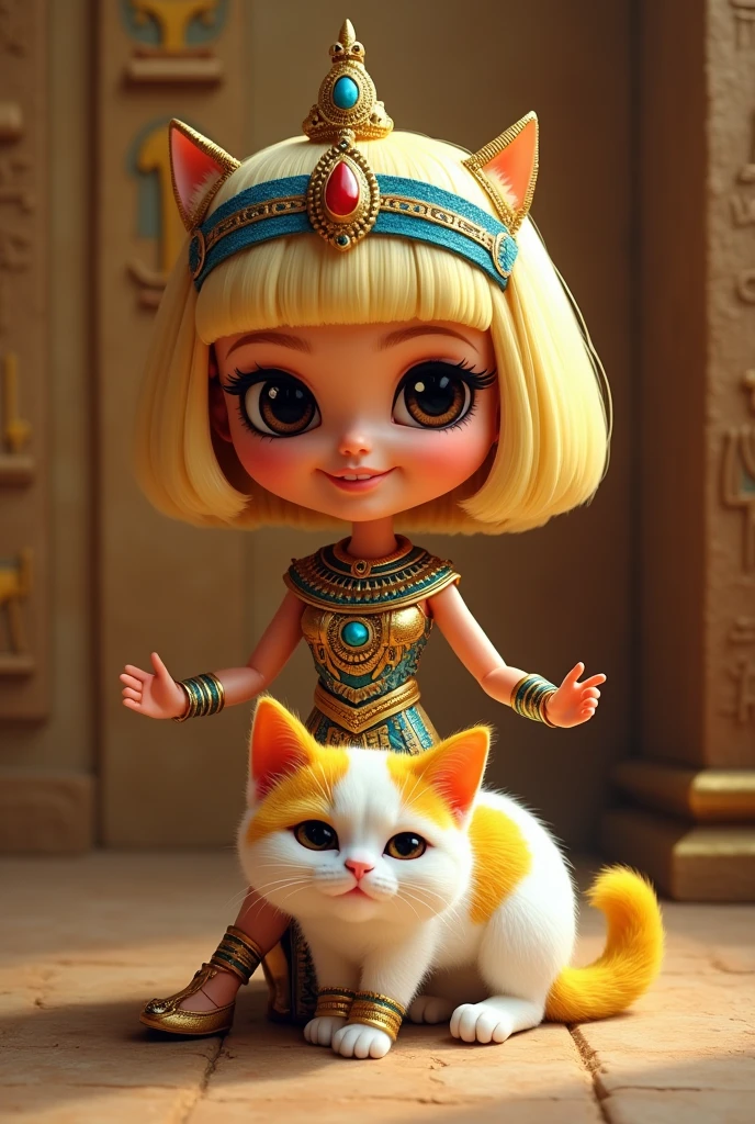 Caricature of Egyptian Barbie with short blonde hair, dark brown eyes and her white Khao Manee cat with yellow patches