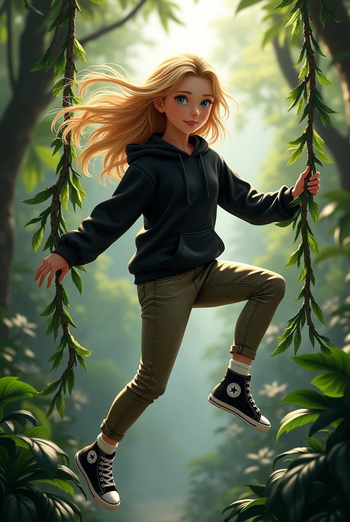 Realistic high school white girl, blonde hair, blue eyes, tight khaki pants, black high top converse shoes, black hoodie, white socks, one leg kicking in the air towards the camera, jungle background, full body, backside, butt, vine hoisting her in the air.