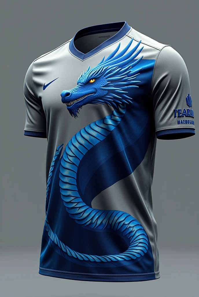 Brazilian football uniform front, no player,with the color gray, and a giant blue dragon with ,blue scale
