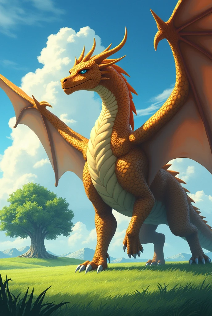 A dragon has golden scales that shine like the sun, and his eyes emanate wisdom and power accumulated over ages. He's huge., with wings that spread out and create vast shadows around them. He is in an open field with green grass. He has an air of strength and imposingness. Knife him with anime treatments, and huge with a tree on the side showing its huge difference in height. He must look more scary 