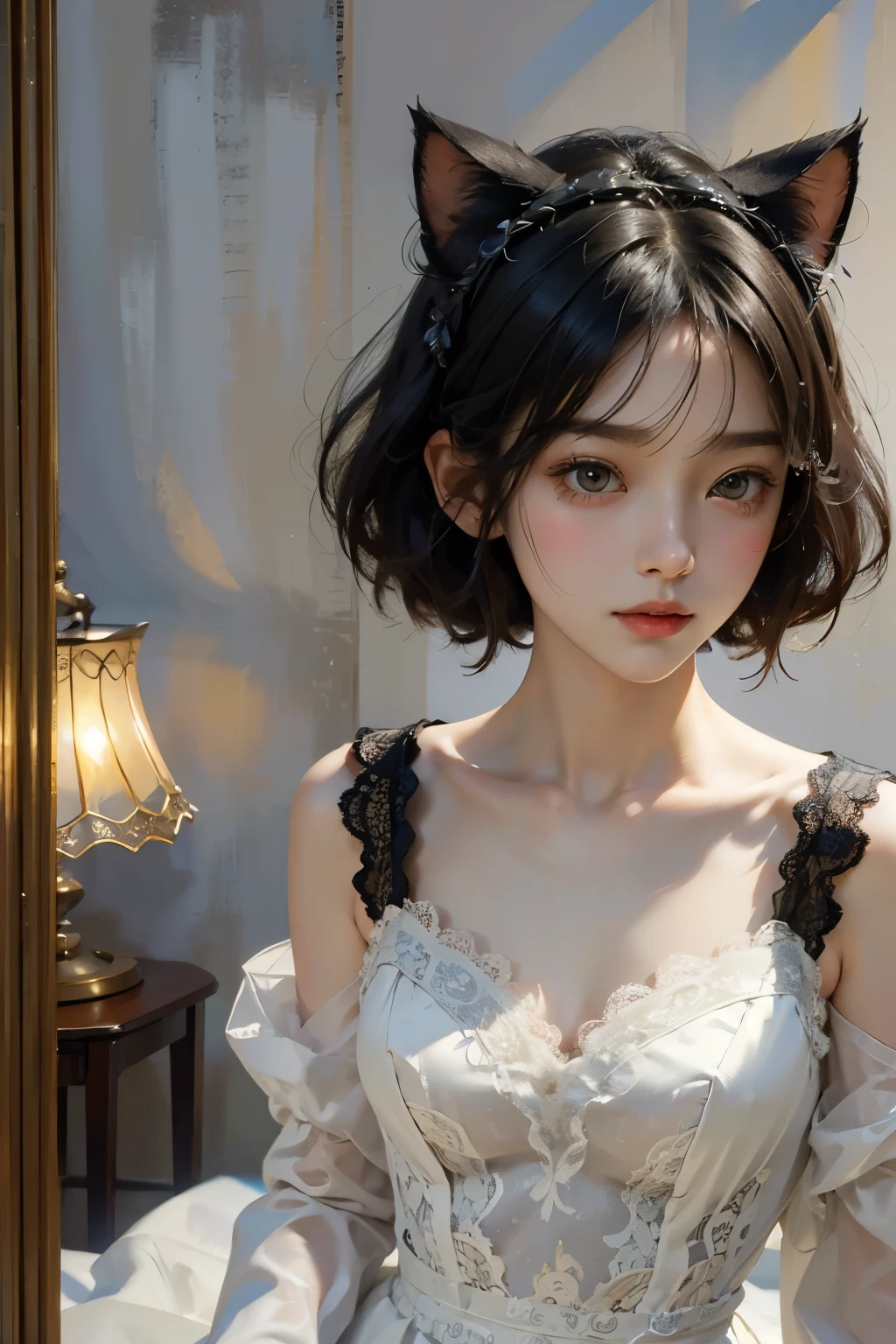 (Highest quality, masterpiece, High resolution)、4K Anime Art、(One Girl)、(whole body:1.4)、 (Detailed depiction of a cute face)、Black Hair、short hair、semi-long、Bobcut、Hair Bun、hair ornaments、(Cat ear)、(Lace dress:1.4)、See-through mini dress、Captivating smile、Small breasts、Cinematic Light、Soft Light、(indoor、dim、lamp)、(Simple Background)、((Blank Background))、