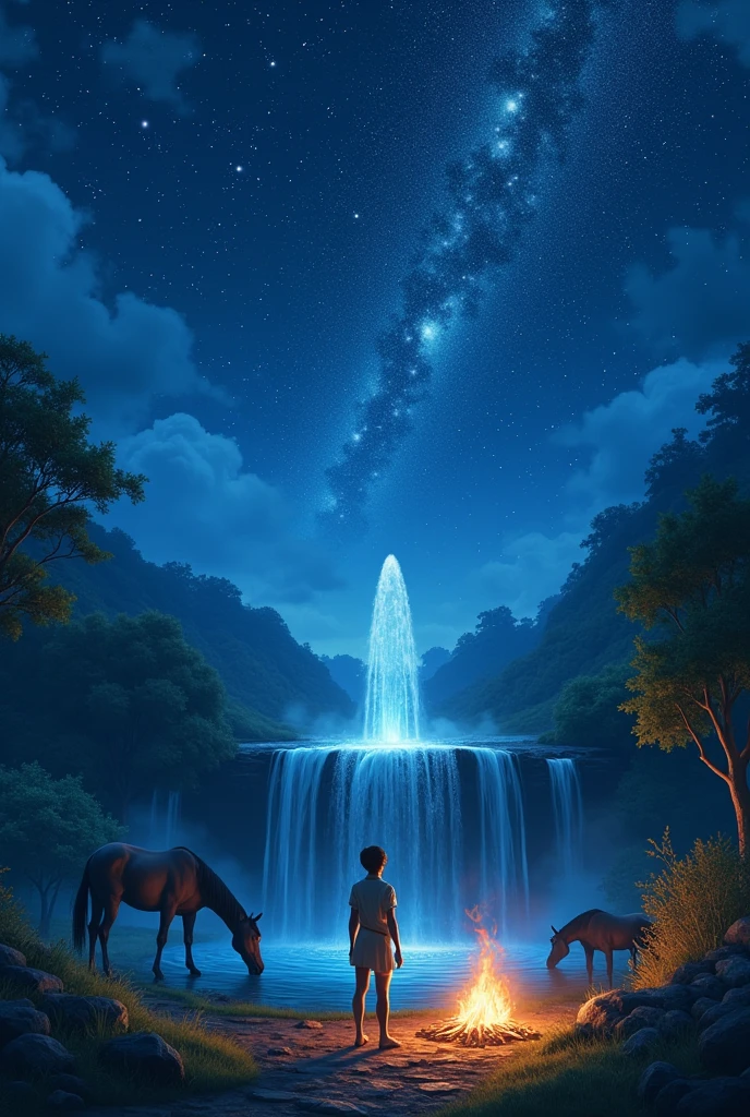 Design an image where the sky has many stars, a fountain with a waterfall, horses drinking water, a campfire and a person looking at the sky