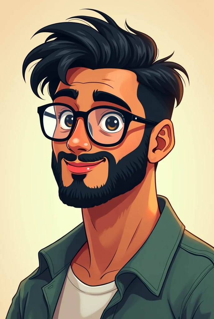 A developer, short black hair, transparent glasses, beard and mustache, num fundo branco, disney drawing style
