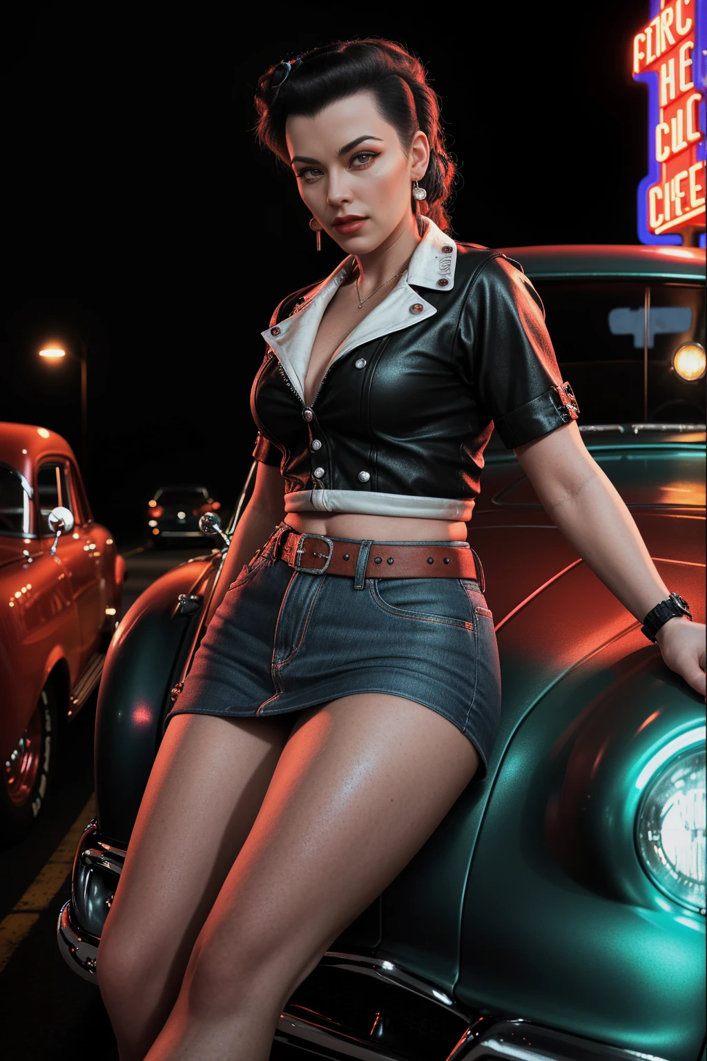 a hyper-realistic photograph of a beautiful rockabilly pin-up model leaning against a hot rod car in the parking lot of a 50s-style diner, with an interesting camera angle and perspective, volumetric lighting, Depth of field, professional photo session, cinematic lighting. details Intricate, lifelike textures, dynamic pose, The neon sign "RockaBilly"