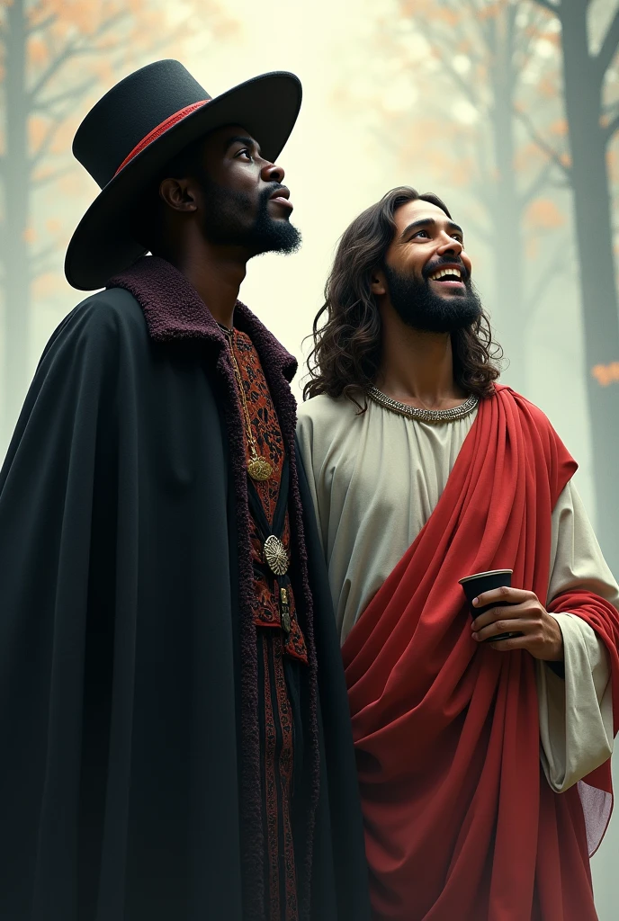 Deity Exu with a black cape and a black hat with red details next to Jesus happy and looking at the sky