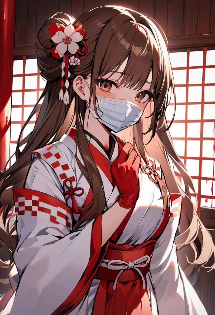 Traditional japanese room background, bloody, shrine maiden outfit, medical gloves, surgical mask, 1girl, brown hair, shining hair,