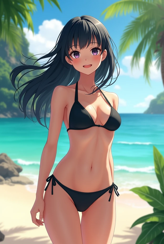 masterpiece, rich colors, Best quality, detailed, high resolution, Hyper quality, high detail, , high quality, detailing, skinny sexy girl on the beach , bright lighting , green eyes, anime, palm trees, bright lighting,