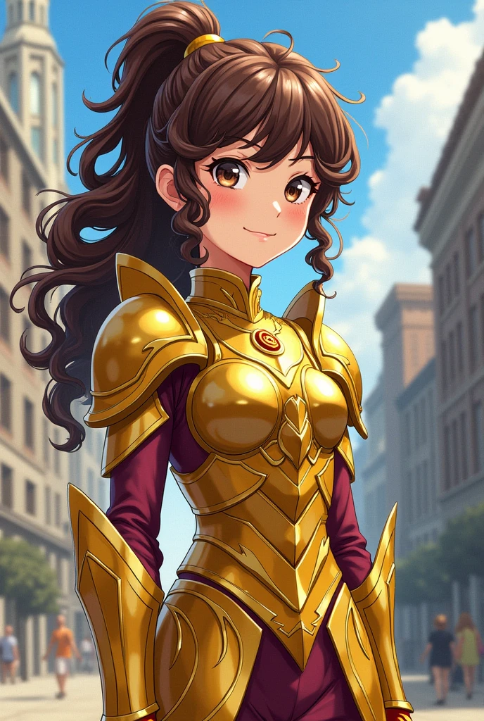 Create a boku no hero academia character with the following characteristics: A girl with long curly brown hair tied into a high ponytail with side bangs also curly, slightly round eyes, round face, slightly rosy cheeks and a wide smile, clear skin, small in stature, with the golden armor of Ophiuchus of the knights of the zodiac Saint Seiya