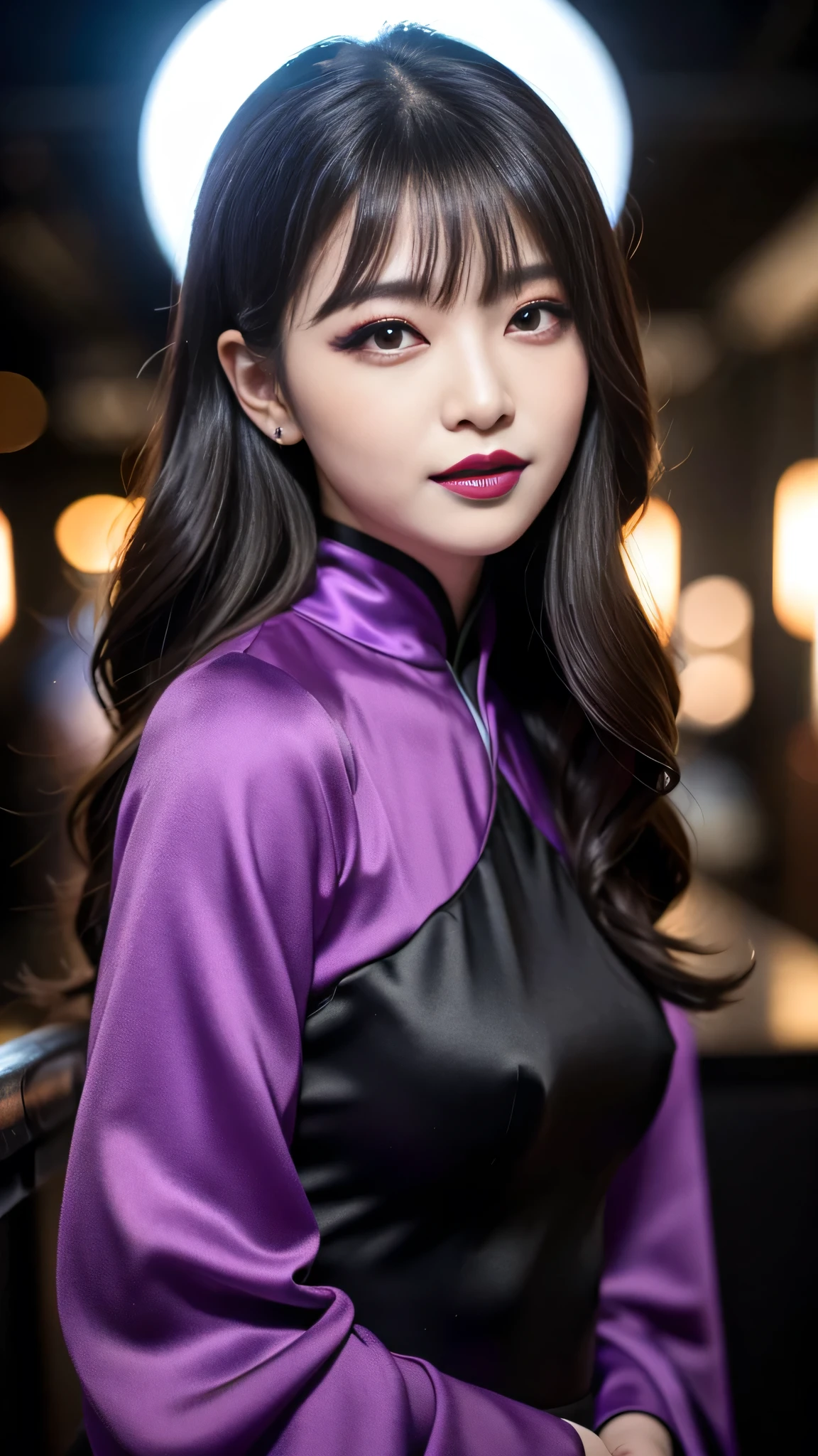 best quality、ultra-detailed、8k、Japanese、Japanese、Seductive beauty、seductive adult woman、Pretty Woman、cool girl、smirk、Wicked Smile、Villainess、brainwash makeup、Brainwashed、brainwash、Fallen into evil、Evil look、evil、Brown hair、wavy hair、swept bangs、dark makeup、piercing eyes、hollow eyes,half-closed eyes、Hollow Eyes、purple Eyeshadow、black lipstick、black lipglos、Purple Eyeshadow、black lipstick、black lip gloss、Dark Makeup、smirk、Whisper in my ear、Evil look、long black cheongsam、Wide sleeves、night、inside darkroom、Kiss、I have lipstick、Are standing、Look、Offer、shoot from below、Connected by many cords