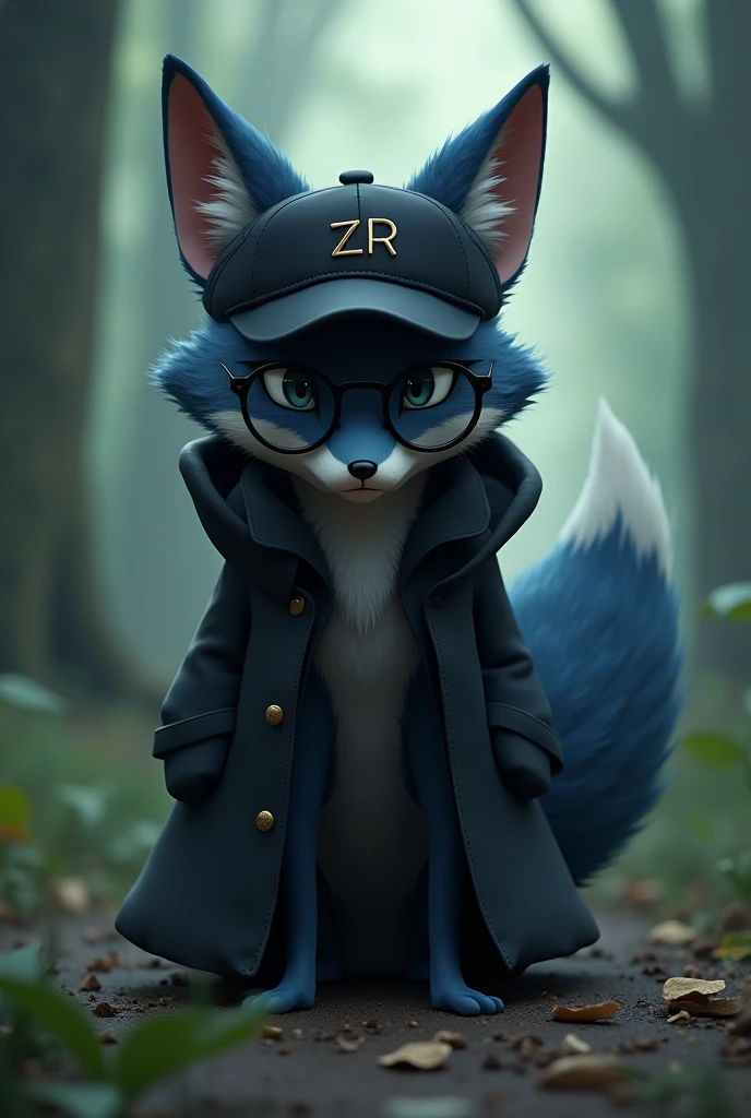 A dark blue fox of humanoid appearance Kemono sitting on the ground in front of the forest with a sad expression, wearing round black glasses, usando um casaco preto, wearing a black cap with the letters ZR on the cap.