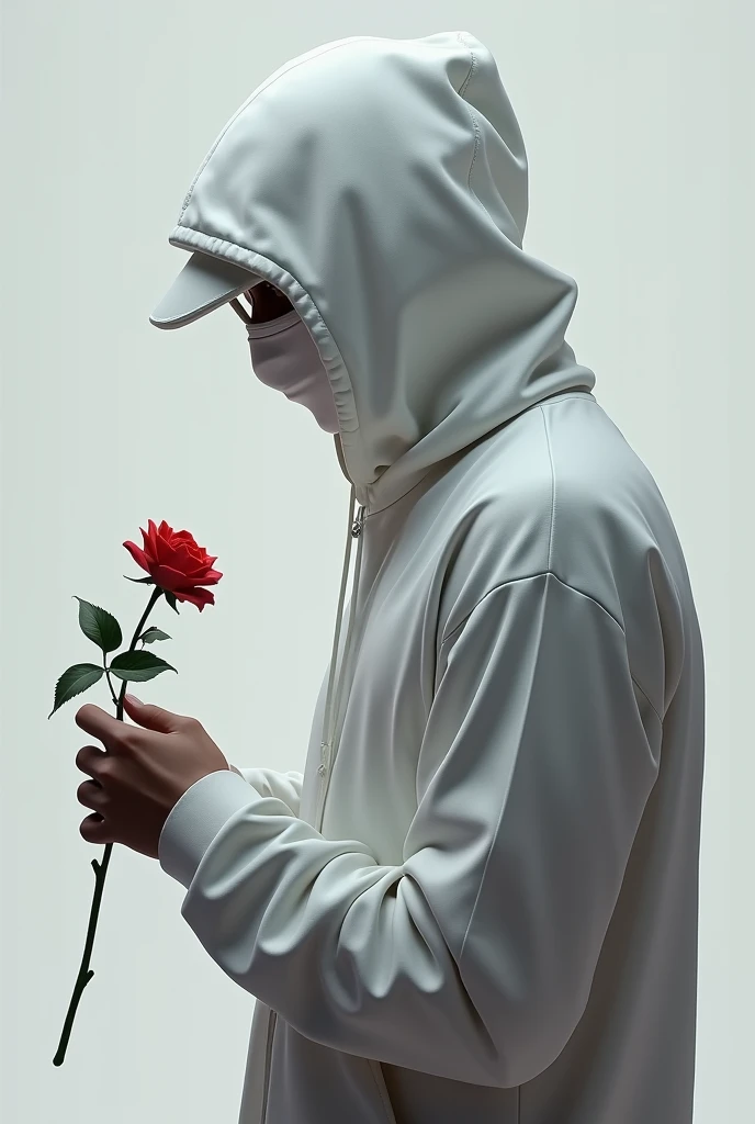 A music cover featuring a white man standing sideways dressed in trapstar style with a hooded cap and a mask covering part of his face holding a rose and looking at it