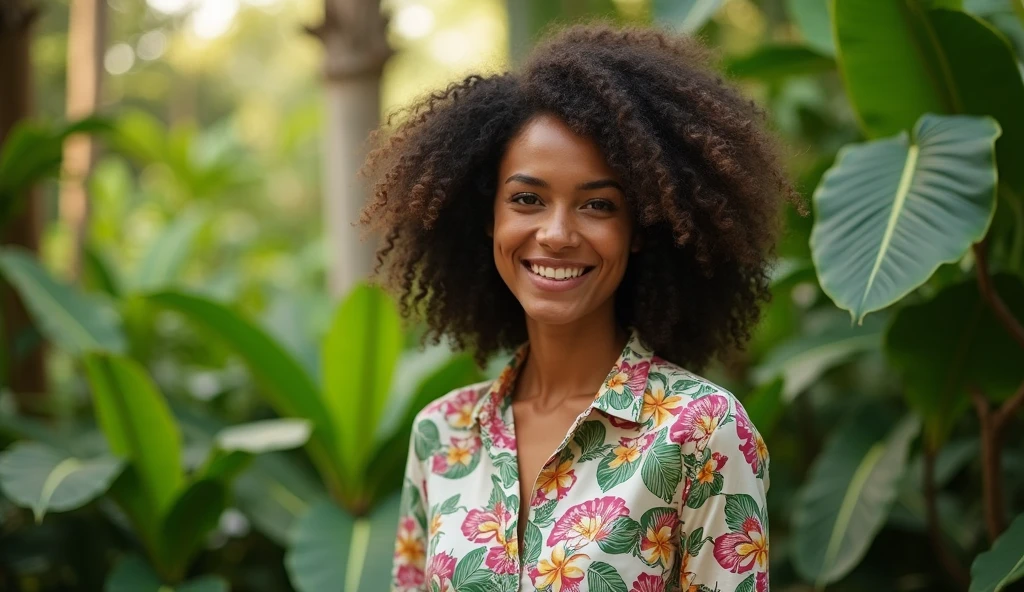 A Brazilian woman in a lush tropical garden, wearing a floral print shirt, with a close-up capturing the harmonious beauty and natural flowers, showing off your natural charm and outgoing personality.
