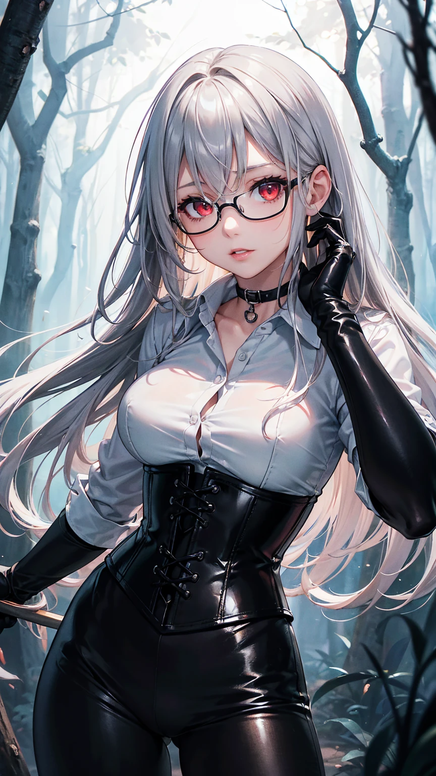 masterpiece, Superior image quality, High resolution, 4k image,photo and gross, photorealistic, whole body, 1 girl, standing, {{{vagina}}}, beautiful face, Long wavy silver hair, Red eyes, very detailed eyes, shy expression, Glasses, choker:1.6, (white long sleeve button down shirt with white collar), black gloves, gloves that cover hands, holding a spear in his hand, (black leather corset), (shiny black leggings), Sensual Lips, show details in the eyes, View from the front, looking at the viewer, Dark forest, fog, at night