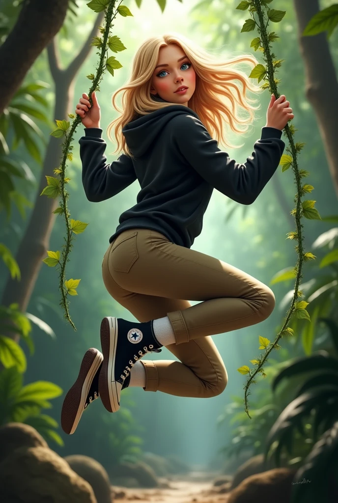 Realistic high school white girl, blonde hair, blue eyes, tight khaki pants, black high top converse shoes, black hoodie, white socks, one leg kicking in the air towards the camera, jungle background, full body, backside, butt, vine hoisting her in the air by the waist.